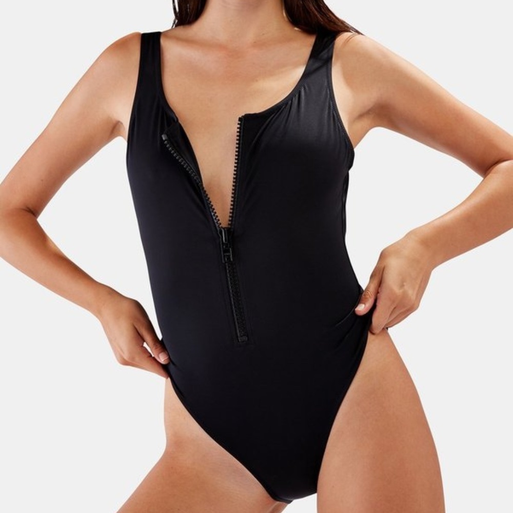 COPY - Solid and Striped Black Zip Up Anne-Marie …